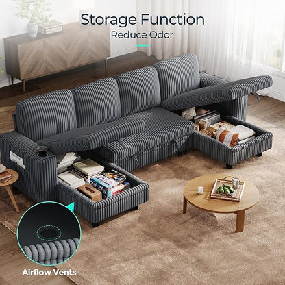 LINSY HOME Sectional Sleeper Sofa with Pull Out Couch Bed - Convertible Plush Corduroy Cloud Couch with Storage Chaise & USB Charging, Comfy U Shaped Modular Couches for Living Room, Grey
