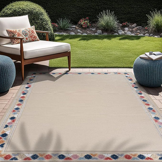 Beverly Rug Outdoor Rug 6x9 Modern Bordered Area Rugs for Indoor and Outdoor Patio Easy to Clean Non Shedding Living Room Porch Garden Washable Outside Carpet (6 x 9 Beige)
