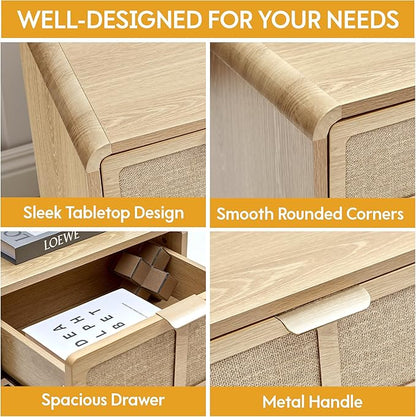 LEVNARY Nightstand with Charging Station, Mid-Century Modern Bedside Table with Curved Top Corners and Fabric-Like Textured Drawer, Wooden End Table for Farmhouse Bedroom Living Room (1, Natural)