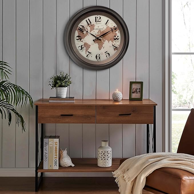 CLXEAST 18 Inch Illuminated Wall Clock with Smart LED Light Sensor, Large Modern World Map Wall Clocks for Living Room Decor,Oil Rubbed Bronze,Unique House Warming Gifts