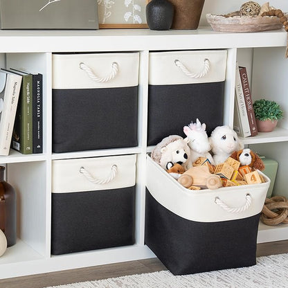 OrganiHaus 13x13 Cube Storage Bins 4 Pack, Foldable Cube Storage Organizer w/ Rope Handles, Collapsible Fabric Bins for Toys, Clothes & Closet Organization, Fabric Square Baskets - Black/White