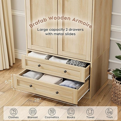 Brafab Wooden Armoire Wardrobe Closet with 2 Modern Doors, 71" Tall Freestanding Closet Wardrobe Cabinet with Drawers and Hanging Rail, Storage Cabinet with Shelve for Bedroom (Natural, 2 Doors)