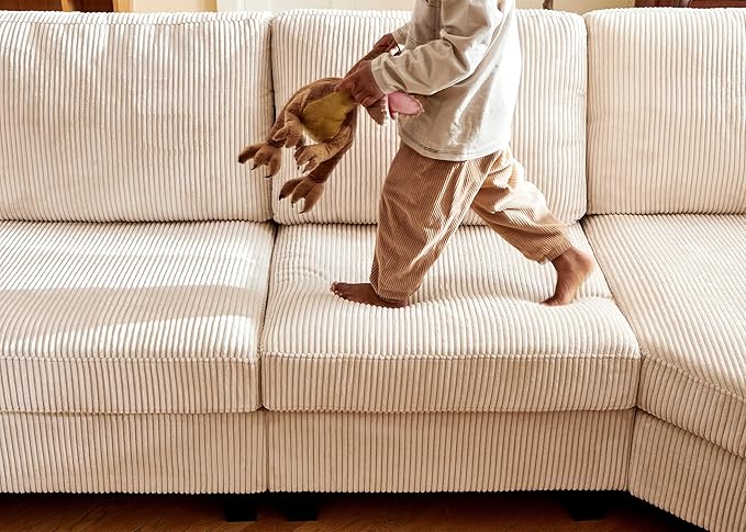 Nolany Modular Sectional Couch with Storage Ottoman, Corduroy Sleeper Sectional Sofa with Chaise, Sectional Couches for Living Room, Beige