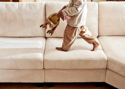 Nolany Modular Sectional Couch with Storage Ottoman, Corduroy Sleeper Sectional Sofa with Chaise, Sectional Couches for Living Room, Beige