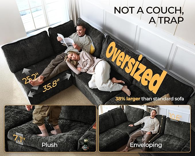 Oversized Modular Sofa Comfy Cloud Couch with Storage, Extra Deep Plush Sectional Sofa Set for Living Room, Covers Washable, Chenille, Olar (Black, 6-Seater with 2 Corners, u-Shaped)