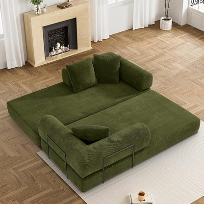 80.3" Convertible Sleeper Sofa Bed with Cylindrical Pillow, Corduroy Folding Mattress Couch with Fixed-Shape Frame, Modular Floor Sofa Lounge Couch for Living Room Bedroom Lounge, Green