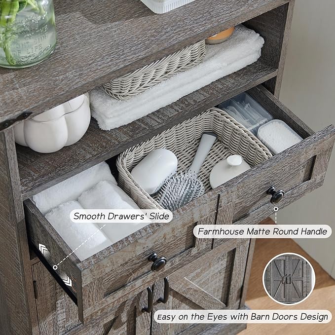 Bathroom Floor Cabinet, Farmhouse 24" Wide Cabinet with Drawer, Adjustable Shelf, Barn Doors, Cabinets for Bathroom, Kitchen, Living Room, Grey Wash