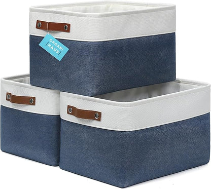 OrganiHaus Large Fabric Storage Bins for Shelves 3 Pack, 15x11in Closet Storage Bins for Shelves, Cloth Baskets & Closet Organizers, Fabric Basket, Navy Blue/White