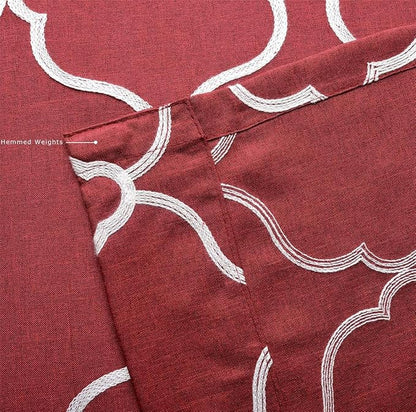 MIUCO Moroccan Embroidered Semi Sheer Curtains Faux Linen Grommet Window Curtains for Bedrooom 52 x 84 Inch 2 Panels, Burgundy
