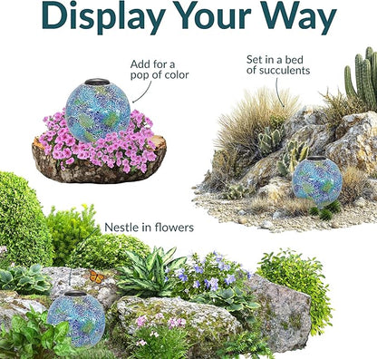 Sunnydaze 10 inch Solar Gazing Ball for Garden - Glass Outdoor Gazing Globe - Crackled Azul Terra