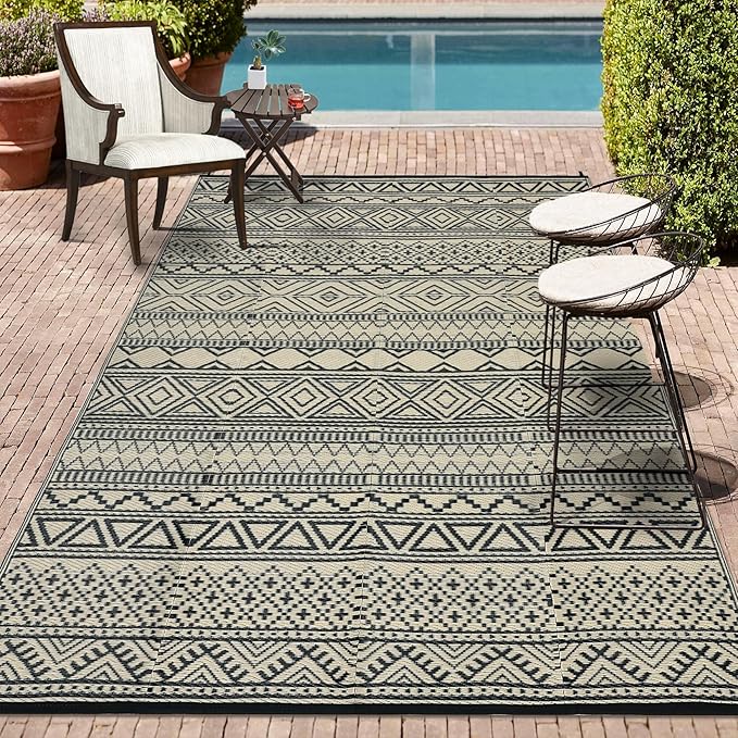 GAOMON Outdoor Rug 9'x12' Waterproof Rug for Patio Decor, Foldable Reversible Plastic Straw Area Rugs Mat for Camper, Outside Carpet for Deck, Porch, Picnic, Beach, Black/Coffee(Bohemia)