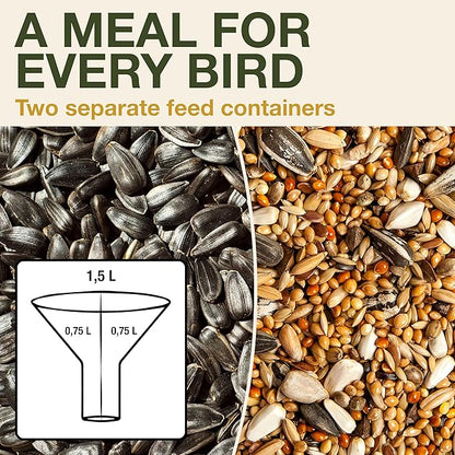 SWISSINNO No Mess Bird Feeder Davos Smart Birds - No Spill Bird Feeder for Outdoor - Mice & Rat Proof - Robust & Reliable for Hanging - Dual Food Chambers - Made in EU - Green