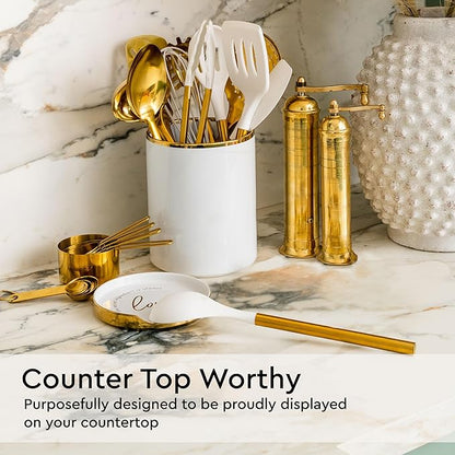 Gold Kitchen Utensils Set - 19-Piece Set Includes Stainless Steel Gold Utensils, White Silicone Tools, and Measuring Cups and Spoons - Luxury Kitchen Accessories for Modern Cooking, Serving, & Gifting
