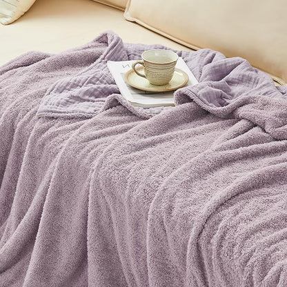 EMME Muslin and Fleece Throw Blanket Reversible - 50"*60" Lavender Soft Warm Throw Blankets for Couch Bed Picnic Travel Bed