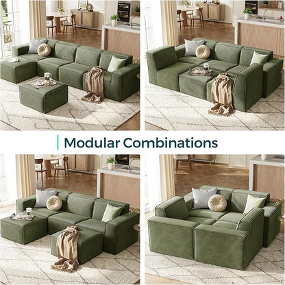 LINSY HOME Modular Sectional Sofa, 134" Boneless Couch L Shaped 4-Seat Sofa with Movable Ottoman, Corduroy Sectional Cloud Couches for Living Room, No Assembly Required, Green