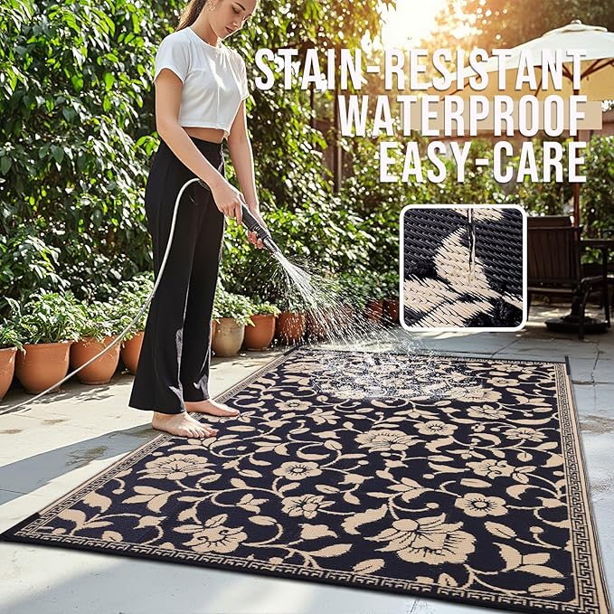 OLANLY Waterproof Outdoor Rug 6x9 ft, Outdoor Plastic Straw Rug with Flower Pattern, Reversible RV Mat for Patio, Camping, Balcony, Deck, Backyard, Black & Beige