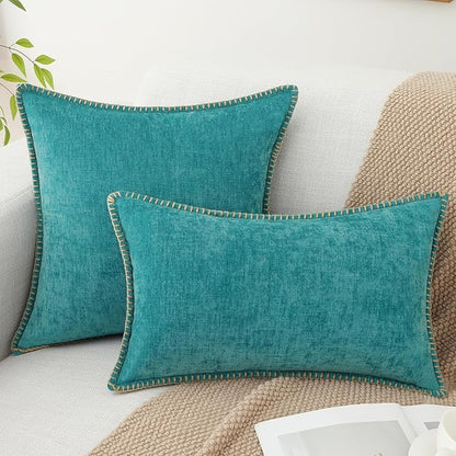 decorUhome Chenille Soft Throw Pillow Covers 24x24 Set of 2, Farmhouse Velvet Neutral Decorative Euro Pillow Covers with Stitched Edge for Couch Sofa Bed Home Decor, Turquoise