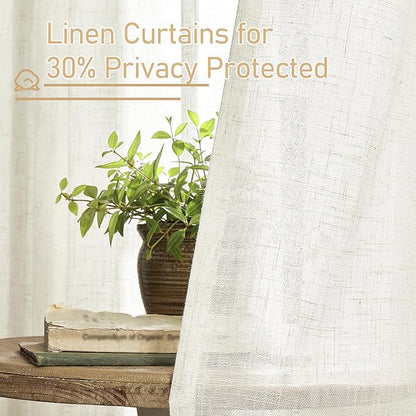 LAMIT 54 Inch Length Linen Curtains for Bedroom, Light Filtering Window Curtains Farmhouse Boho Bronze Grommet Panels for Living Room, Cream, 2 Panels Set, 52 x 54 Inch