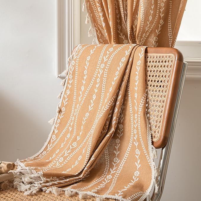 Sutuo Home Boho Curtains 84 Inches Length for Bedroom Living Room, Printed Cotton Linen Rod Pocket Rustic Farmhouse Bohemian Tassels Window Treatment, 1 Panel 59" W x 84" L, Terracotta Stripe Florals