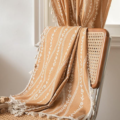 Sutuo Home Boho Curtains 84 Inches Length for Bedroom Living Room, Printed Cotton Linen Rod Pocket Rustic Farmhouse Bohemian Tassels Window Treatment, 1 Panel 59" W x 84" L, Terracotta Stripe Florals
