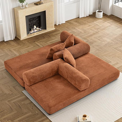 Convertible Sleeper Sofa Bed with Pillow, 4-in-1 Corduroy Folding Mattress Couch with Fixed-Shape Frame, Futon Fold Out Floor Sofa Cama Lounge Couch for Living Room Bedroom, Orange