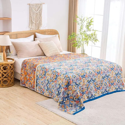 Boho Throw Blanket for Bed, 100% Cotton Soft Rustic Quilt Fall Blanket, 60"x80" Floral Printed Farmhouse Decor Bed Blankets, All Season Rustic Reversible Bohemian Throw Quilt