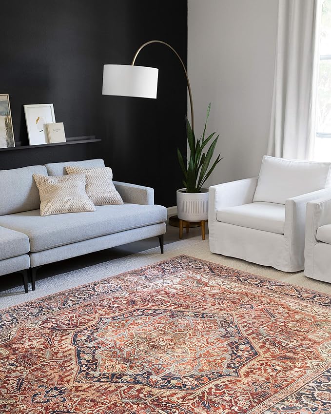 Loloi Layla Collection LAY-08 Red/Navy 5'-0" x 7'-6" .13" Thick Area Rug, Soft, Durable, Vintage Inspired, Distressed, Low Pile, Non-Shedding, Easy Clean, Printed, Living Room Rug