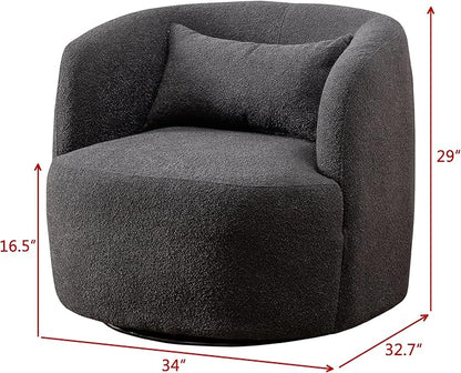 KINWELL 34" Wide Boucle Swivel Barrel Chairs Set of 2, No Assembly Round Upholstered Armchairs Accent Chairs Single Sofa Chair with Toss Pillow for Living Room and Bedroom, Dark Grey