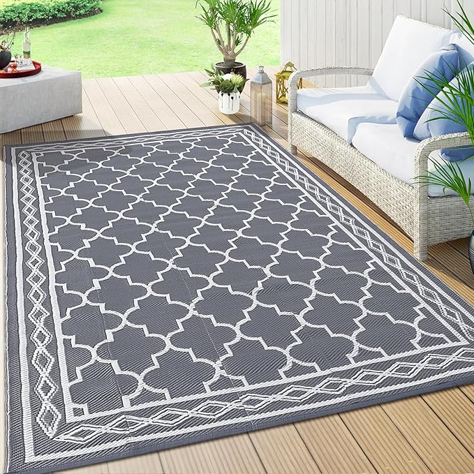 GAOMON Outdoor Plastic Straw Rug, 10'x14' Reversible Sage Green Patio Mat, Flower Modern Design for RV, Backyard, Deck, Camping, Picnic, Grey/White(Geometric)