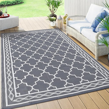 GAOMON Outdoor Plastic Straw Rug, 10'x14' Reversible Sage Green Patio Mat, Flower Modern Design for RV, Backyard, Deck, Camping, Picnic, Grey/White(Geometric)