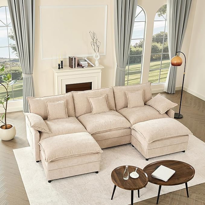 108" U Shaped Couch, Modular Sectional Sofa, 3-Seater Comfy Cloud Couch with Movable Ottoman, Deep Seat Couches for Living Room, Chenille, Flat White