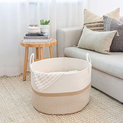 OrganiHaus Boho Woven Basket for Blankets and Laundry, Decorative Large Storage Bin for Living Room, Nursery Basket for Toys & Clothes, Soft Cotton Rope with Handles 20x13 inches - Striped Honey
