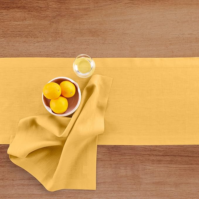 Solino Home Linen Table Runner 120 Inches Long - 100% Pure Linen Mustard Yellow Table Runner 14 x 120 Inch - Fete