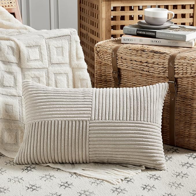 Fancy Homi 2 Packs Neutral Taupe Lumbar Decorative Throw Pillow Covers 12x20 Inch for Living Room Couch Bed Sofa, Farmhouse Home Decor, Soft Striped Corduroy Rectangle Accent Cushion Case 30x50 cm