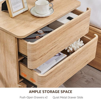 Nightstand Set of 2 with Charging Station, 22" Large Modern Bedside Table with 2 Drawers Storage,Push-to-Open End Table for Bedroom,Living Room,Natural Oak