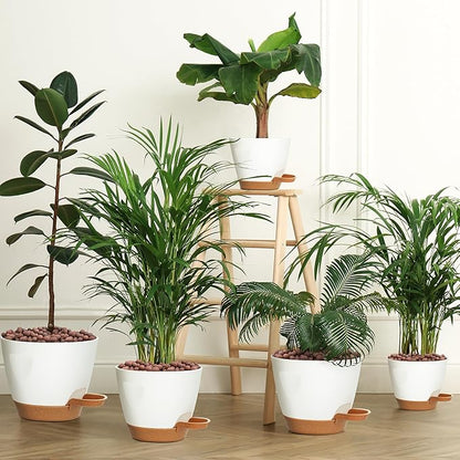 Uneed Indoor Self Watering Planters with Drainage Holes and Saucers, 7/6.5/6/5.5/5 Inch-5 Pots,for Indoor Plants, Herbs, Succulents (White)