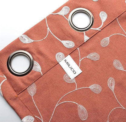 MIUCO Floral Embroidered Semi Sheer Curtains Faux Linen Extra Wide Grommet Window Panel Pair for Bedroom 52 x 95 Inch, Rust