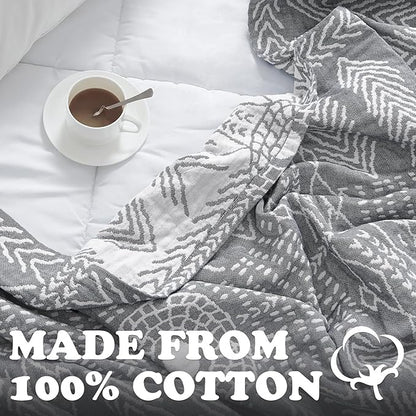 jinchan Boho 100% Cotton Muslin 50x60 Throw Blanket Lightweight 3 Layer Grey Blanket Washable Reversible Breathable Decorative Geometric Striped Patterned Gray Soft Cozy for Sofa Bed All Season Gift