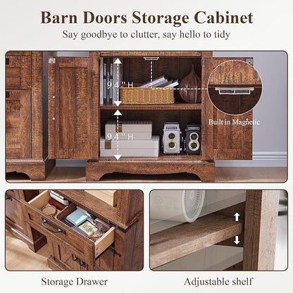 RedLemon Bookshelf with Storage Cabinet, 72" Tall Farmhouse Bookcase with Adjustable Shelves and Barn Door, 4 Tier Office Wood Bookshelf with Drawer for Library Living Room (Reclaimed Barnwood Color)