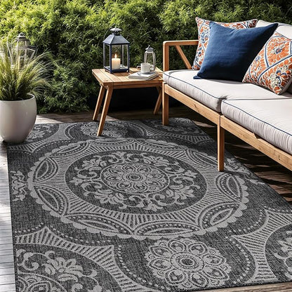 Medallion Outdoor Rug 6x9 Washable Outside Carpet for Indoor Patio Porch Waterproof Easy Cleaning Non Shedding Area Rugs Dark Gray 6 x 9