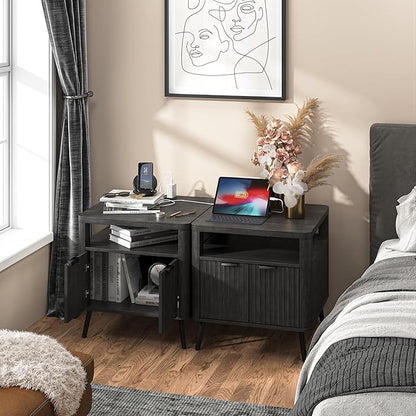 Nightstand with Charging Station, 24" End Table Side Table with Open Shelf, Modern Large Wood Fluted Bedside Cabinet for Bedroom, Living Room, Black
