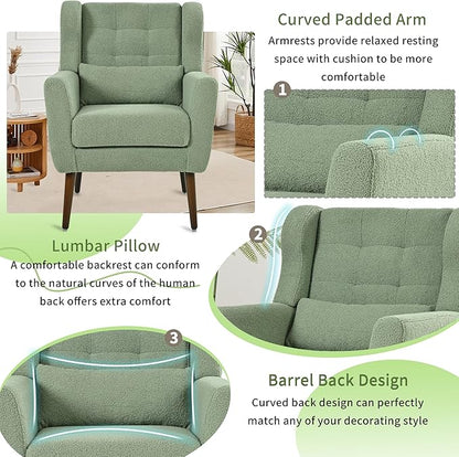 Accent Chair Set of 2, Upholstered Armchair with Pillow, Teddy Single Sofa Chair with Lounge Seat and Wood Legs for Living Room Small Spaces
