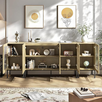 Farmhouse TV Stand for TVs up to 85 Inch, Entertainment Center TV Console with Storage Cabinets and Glass Doors, Media Console for Living Room,Oak