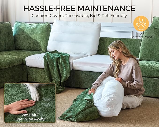 Oversized Modular Sofa Comfy Cloud Couch with Storage, Extra Deep Plush Sectional Sofa Set for Living Room, Covers Washable, Chenille, Olar (Green, 6-Seater with 3 Ottomans, Sleeper)