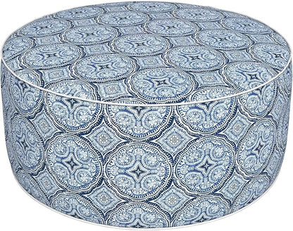 Inflatable Ottoman Stool D31 xH14 for Outdoor/Indoor Use, Water Repellent Patio Foot Rest Stool with Portable Handle,Round Pouf Ottoman Suitable for Garden,Deck and Camping - Medallion Blue
