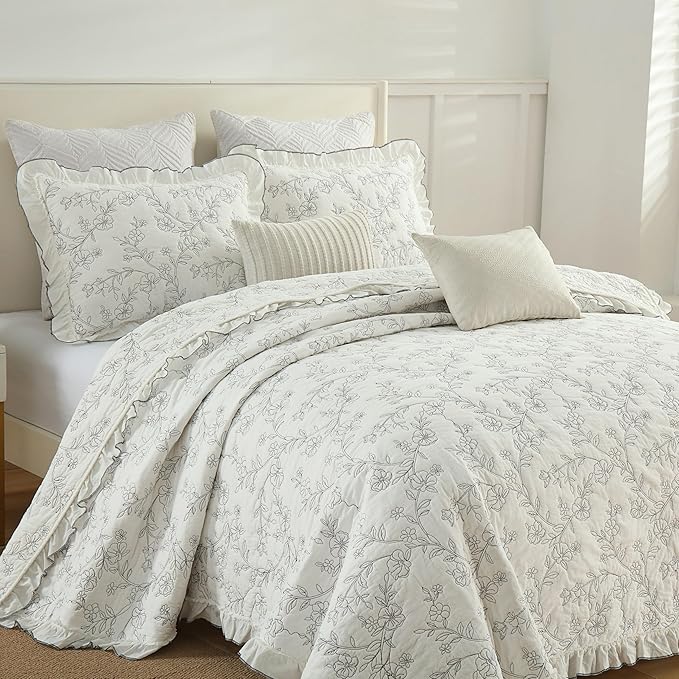 MarCielo 3-Piece 100% Cotton Bedspread Lightweight Quilt Coverlet Embroidery Farmhouse Bedding Set (Floral,Queen (98" X 90"))