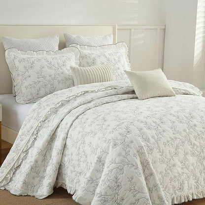 MarCielo 3-Piece 100% Cotton Bedspread Lightweight Quilt Coverlet Embroidery Farmhouse Bedding Set (Floral,Queen (98" X 90"))