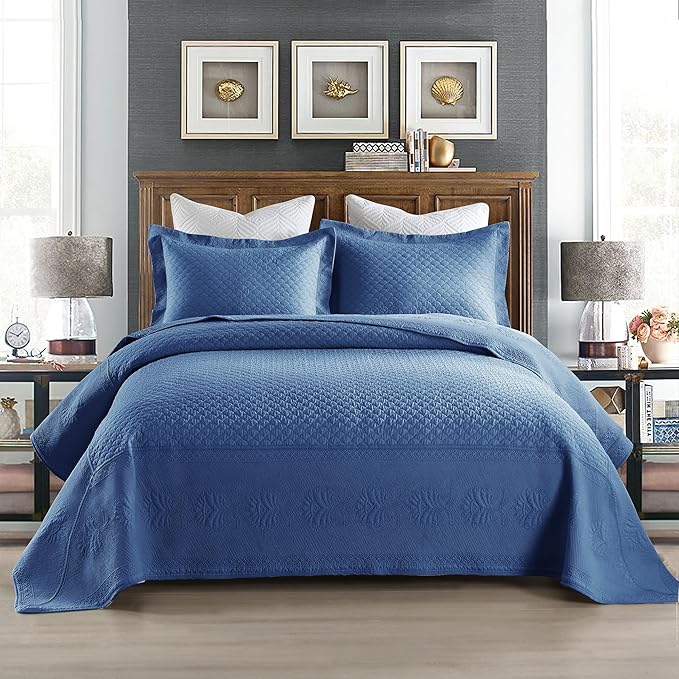 MarCielo 3-Piece 100% Cotton Oversized Bedspread Lightweight Quilt Coverlet Embroidery Farmhouse Bedding Set (TM Midtone Blue, Oversized Queen (100"x106"))