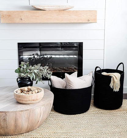 OrganiHaus Large Laundry Basket, Woven Cotton Rope Basket for Blankets, Toy Storage, Nursery Hamper, Living Room Decor Organizer, Soft & Durable Hamper with Handles, 20x13 inches - Black