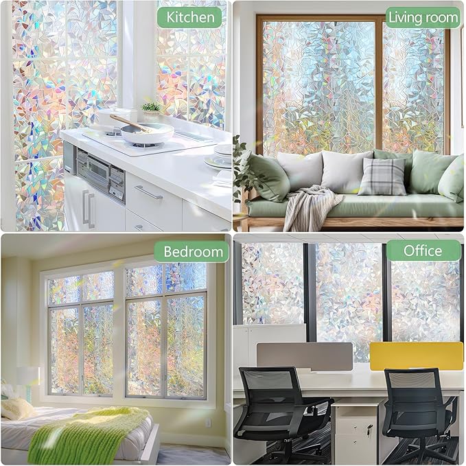 HIDBEA Window Privacy Film Static Clings, Rainbow Window Film, 3D Decals Non-Adhesive Window Vinyl Film for Home Door, 23.6 Inch x 6.5 Feet